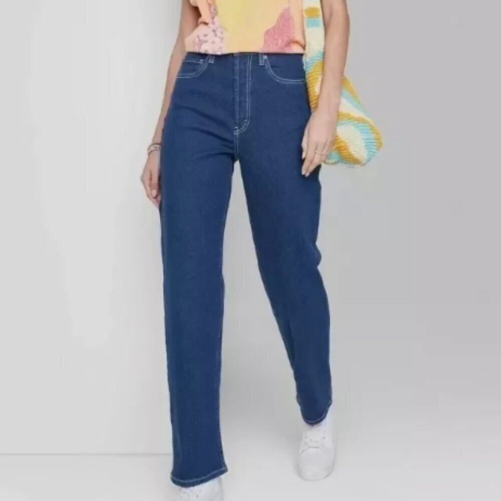 NWT Women's Super-High Rise Contrast Stitch Straight Jeans-Wild Fable-Dark Blue - Picture 3 of 3